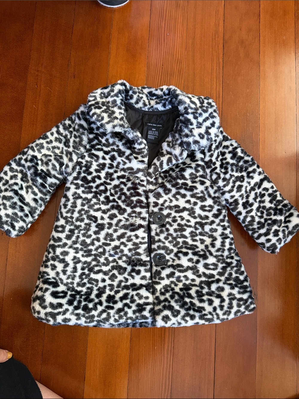 Calvin Klein Jeans Girls Black and White Leopard Faux Fur Pea Coat